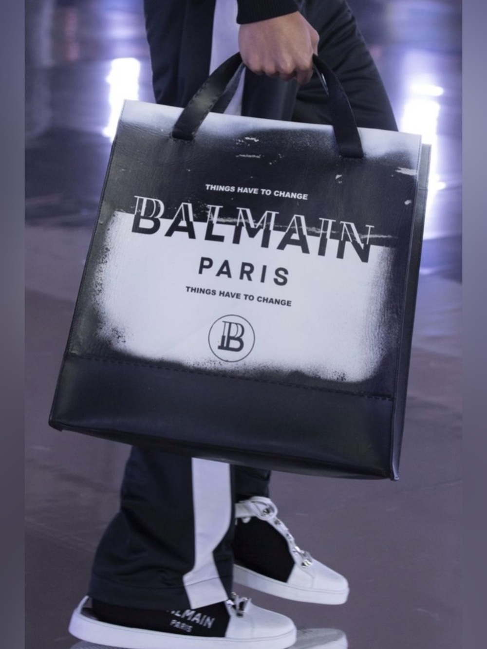 RUNWAY Balmain Paris Black & White Leather Logo Tote| Statement Shopper Carryall